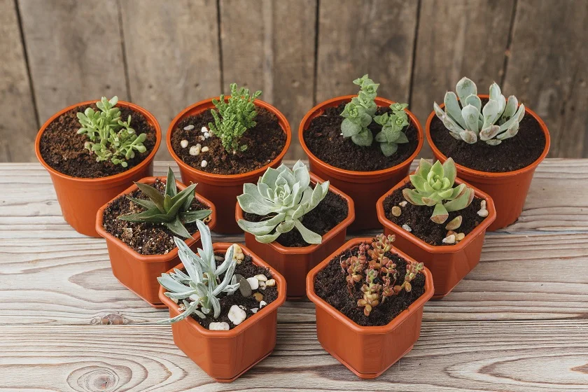 succulents in plastic pots