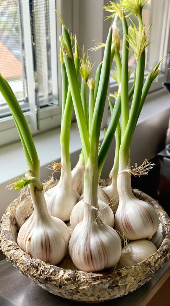 emerging garlic cloves germinating